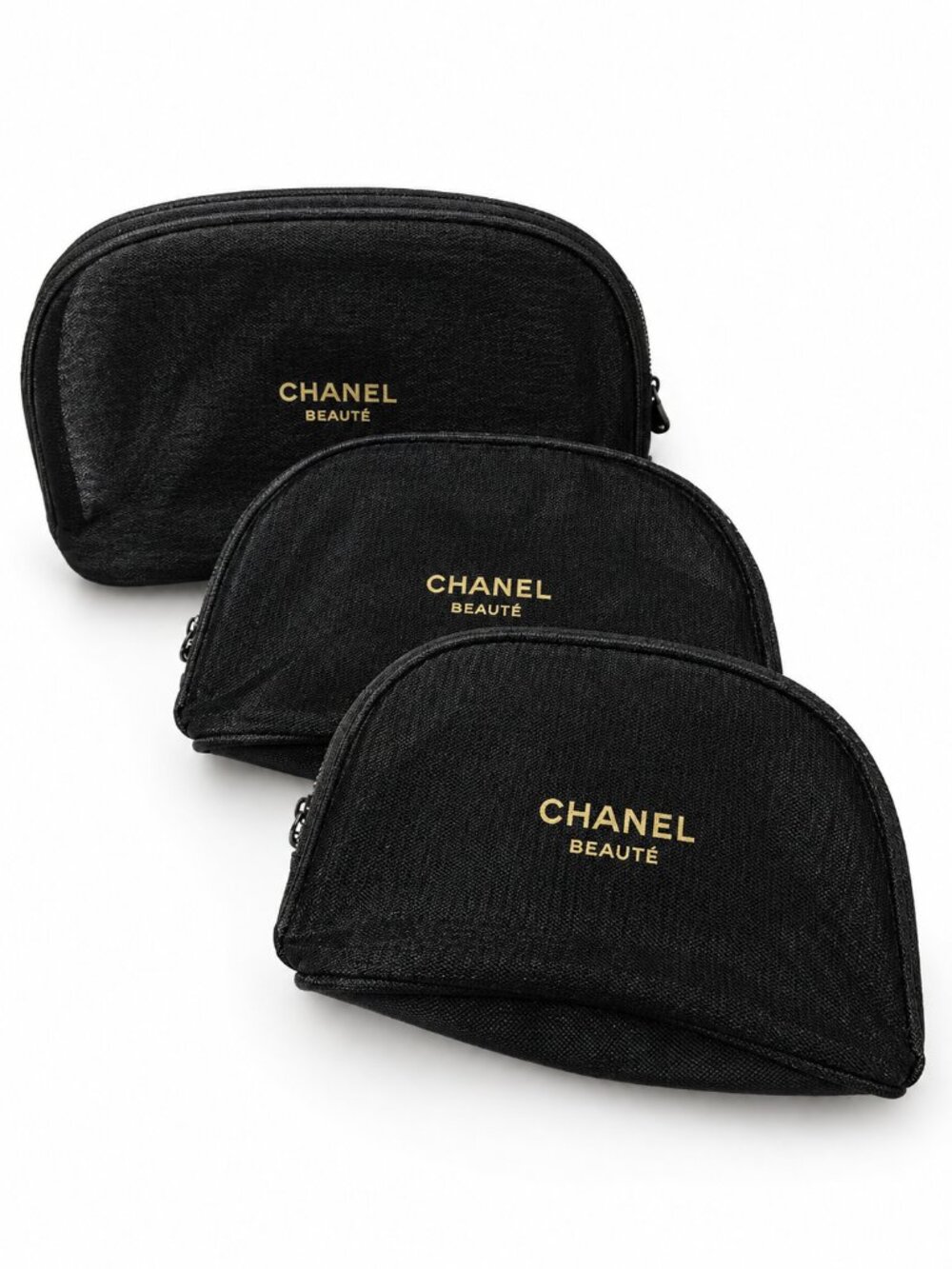 CHANEL Beauty Black Cosmetic Pouch Set of 3 Gold Logo GWP 0917